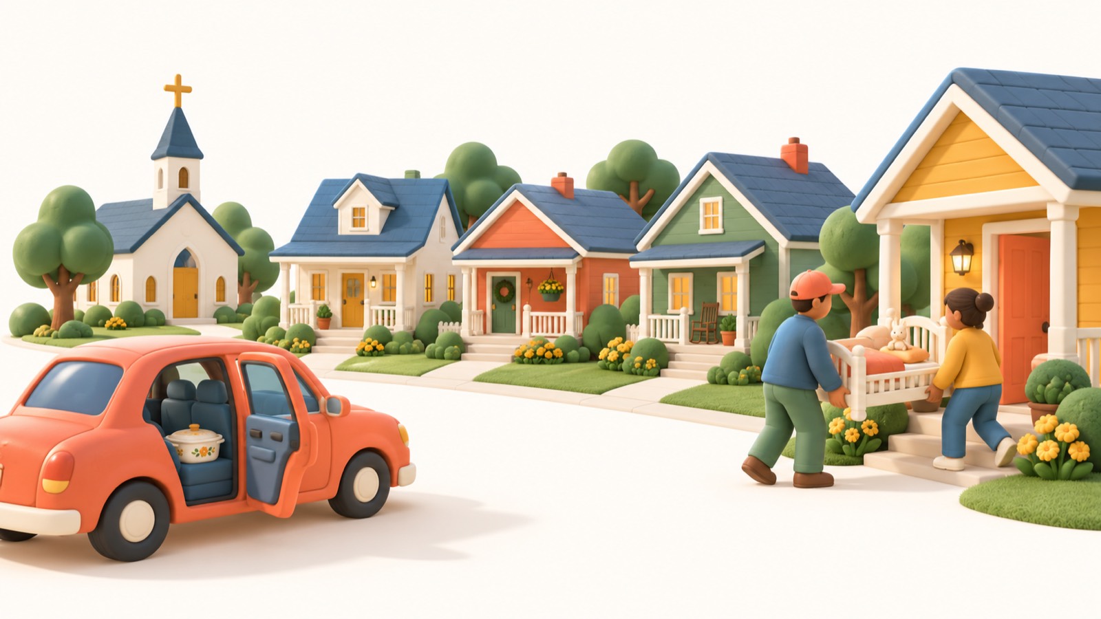 A church, houses with their porch lights on, a car with a covered dish in the back seat, and two neighbours carrying a toddler bed up someone's front steps.
